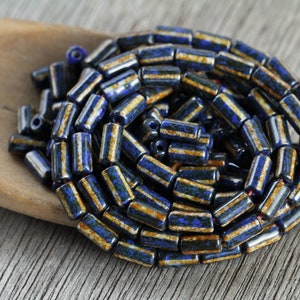20gr Rustic Picasso Striped Opaque Royal Blue & White Glass BUGLE TUBE Beads 7x4mm  Czech Seed Beads for Jewelry Making  Rustic Bugles