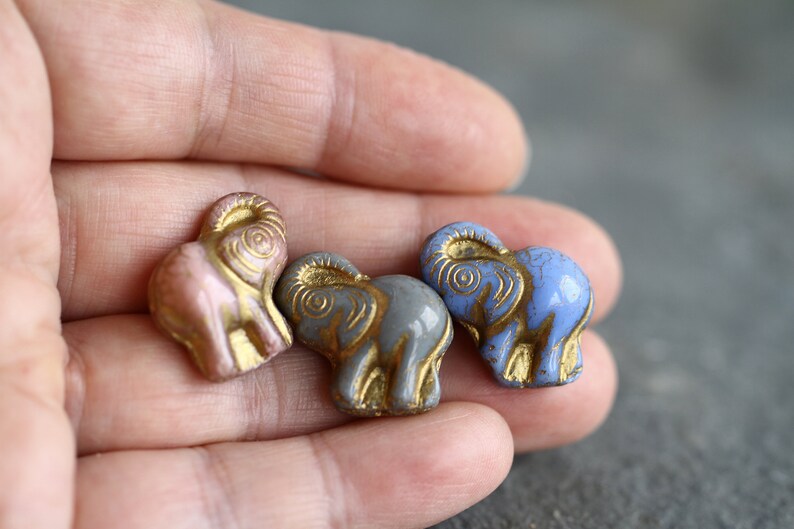 4 Gold Washed ELEPHANT Beads 20x21mm Czech Glass Beads For Jewelry Making Fern Green Royal Blue White Green image 9