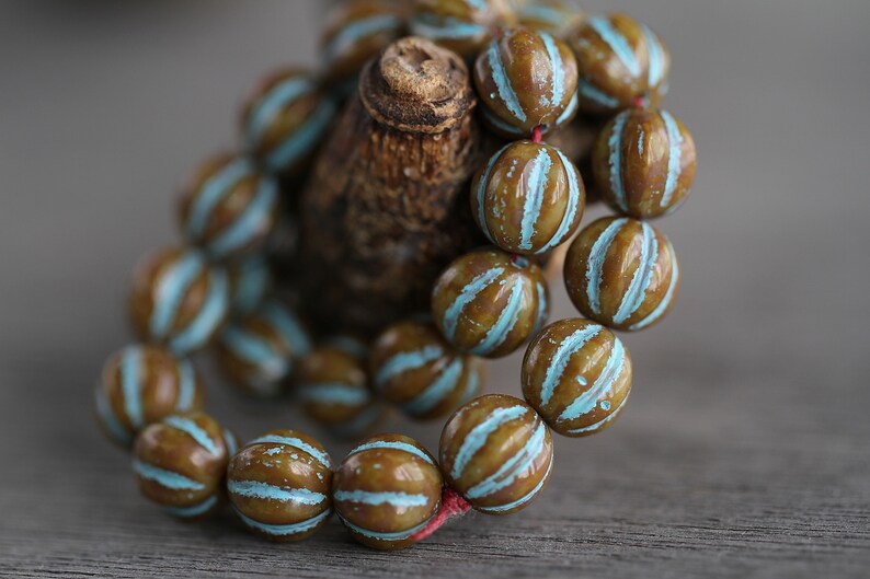 25 Rustic Picasso Blue Washed MELON Beads 8mm Czech Glass Beads for Jewelry Making Fluted Round Beads Perlen Perles image 5