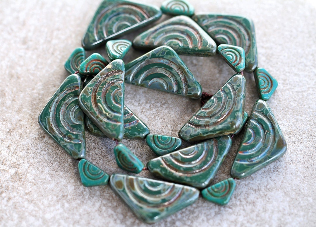 Triangular Bead 35 Aged Tribal Picasso Fern Green TRIANGULAR Bead MIX Czech Glass Beads ...