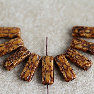 15 Earthy Brown Picasso Beige FLOWER EMBOSSED Beads 20x8mm Czech Glass Beads Jewelry Making Rustic Rectangular Large Beads Perles Perlen image 4