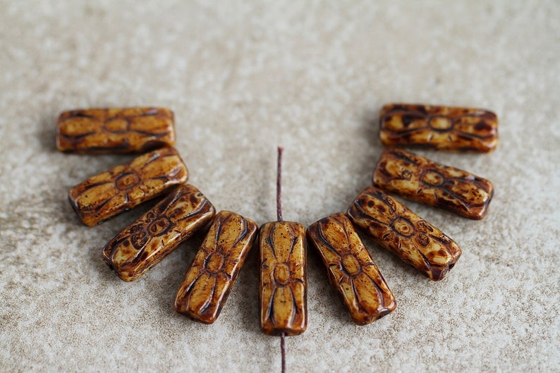 15 Earthy Brown Picasso Beige FLOWER EMBOSSED Beads 20x8mm Czech Glass Beads Jewelry Making Rustic Rectangular Large Beads Perles Perlen image 4