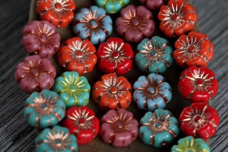 60 Bright Multicoloured Hibiscus Flower Bead MIX2 9mm Czech Glass Beads for Jewellery Making New Copper Washed Glass Flower Mix2 image 9