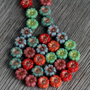 60 Bright Multicoloured Hibiscus Flower Bead MIX2 9mm Czech Glass Beads for Jewellery Making New Copper Washed Glass Flower Mix2 image 3