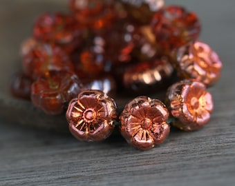 30 Vivid Metallic Copper Lustre Clear Topaz Hibiscus Flower Beads 9mm Czech Glass Beads for Jewellery Making Glass Flower Beads