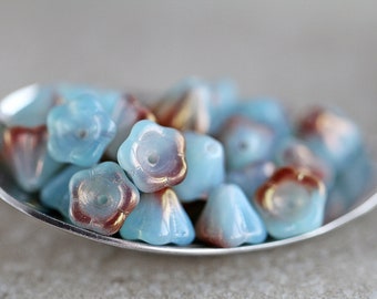 30 Apricot Lustre Pastel Blue Opal BELL FLOWER Beads 6x8mm DIY Czech Glass Beads For Jewelry Making Glass Flower Beads Perles Perline Perlen