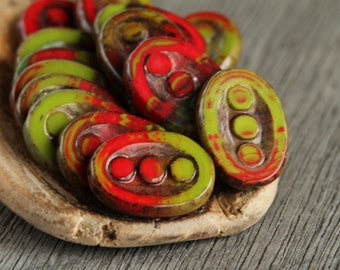 20 Rustic Picasso Marbled Red Olive Oval 3-dot Beads 17x14mm Czech Glass Beads Jewelry Making  Oval Table Cut Beads  Perles Perlen