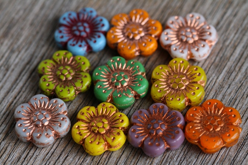 44pcs Colourful Opaque Glass MIX ANEMONE FLOWER Beads 14mm Czech Glass Beads Flat Flower Beads Perles Perlen Perline image 7