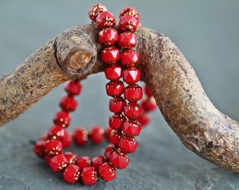 50 Gold Washed Red Cathedral Beads 6mm  Czech Glass Beads for Jewelry Making  Fire Polished