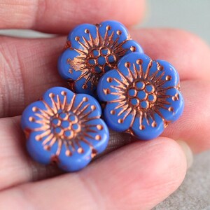 10 Cornflower Blue Copper Inlays ANEMONE FLOWER Beads 18mm Czech Glass Beads For Jewelry Making Large Flower Beads Perles Perline Perlen image 4