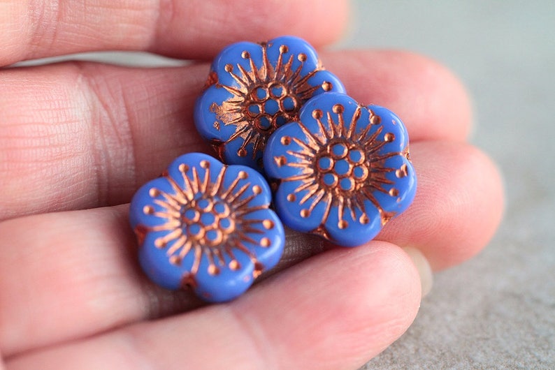 10 Cornflower Blue Copper Inlays ANEMONE FLOWER Beads 18mm Czech Glass Beads For Jewelry Making Large Flower Beads Perles Perline Perlen image 4