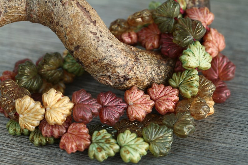 60pcs Silky Metallic Green/Gold/Copper Lustred Glass MAPLE LEAF Bead MIX 11x13mm Czech Glass Beads Pressed Leaf Beads Perles Perlen Perle image 3