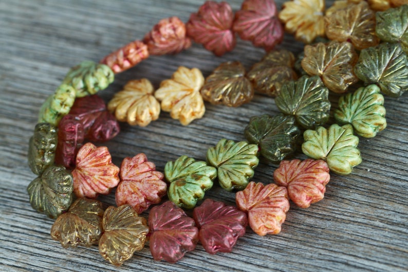 60pcs Silky Metallic Green/Gold/Copper Lustred Glass MAPLE LEAF Bead MIX 11x13mm Czech Glass Beads Pressed Leaf Beads Perles Perlen Perle image 5