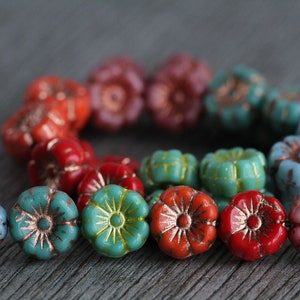 60 Bright Multicoloured Hibiscus Flower Bead MIX2 9mm Czech Glass Beads for Jewellery Making New Copper Washed Glass Flower Mix2 image 6