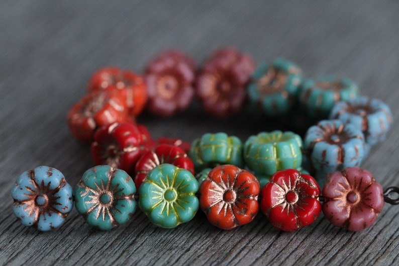 60 Bright Multicoloured Hibiscus Flower Bead MIX2 9mm Czech Glass Beads for Jewellery Making New Copper Washed Glass Flower Mix2 image 6