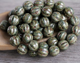 30 Rustic Olive/Brown Picasso Opaque Grey Glass Fluted Round MELON Beads 8mm Czech Glass Beads for Jewelry Making  Fluted Round Beads