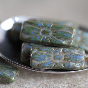 15 Picasso Blue FLOWER EMBOSSED Beads 20x8mm  Czech Glass Beads For Jewelry Making  Rectangular Picasso Beads  BO1