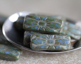 15 Picasso Blue FLOWER EMBOSSED Beads 20x8mm  Czech Glass Beads For Jewelry Making  Rectangular Picasso Beads  BO1