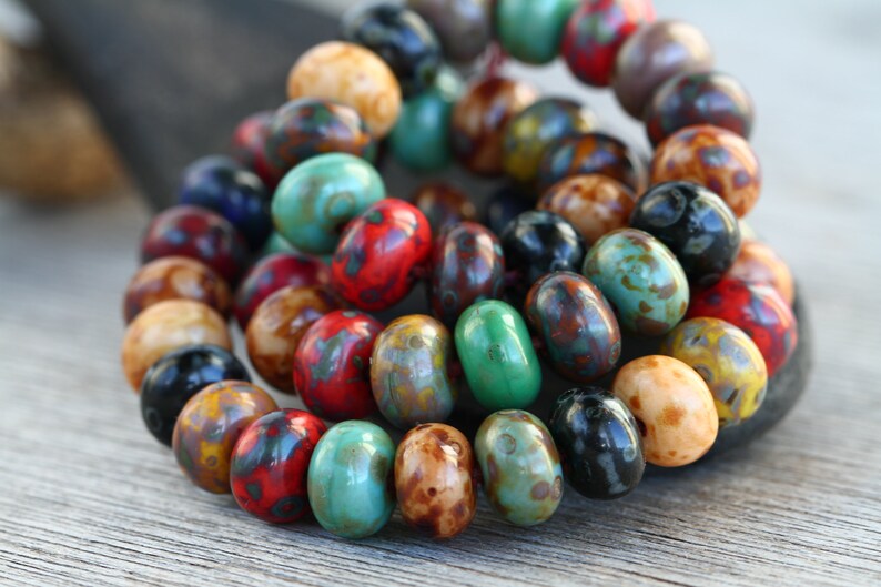60pcs Rustic Picasso Multicolour Opaque Glass DONUT MIX 6x9mm Czech Glass Beads Pressed Beads Picasso Glass Beads Perles Perlen Perline image 8