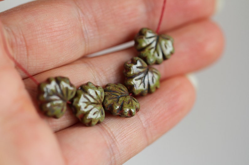 20 Earthy Picasso Olive MAPLE LEAF Beads 11x13mm Czech Glass Beads Jewelry Making Glass Leaf Beads Picasso Leaf Beads Perles Perlen Perline image 8