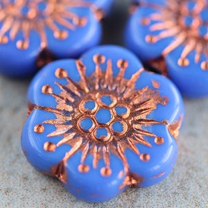 10 Cornflower Blue Copper Inlays ANEMONE FLOWER Beads 18mm Czech Glass Beads For Jewelry Making Large Flower Beads Perles Perline Perlen image 3