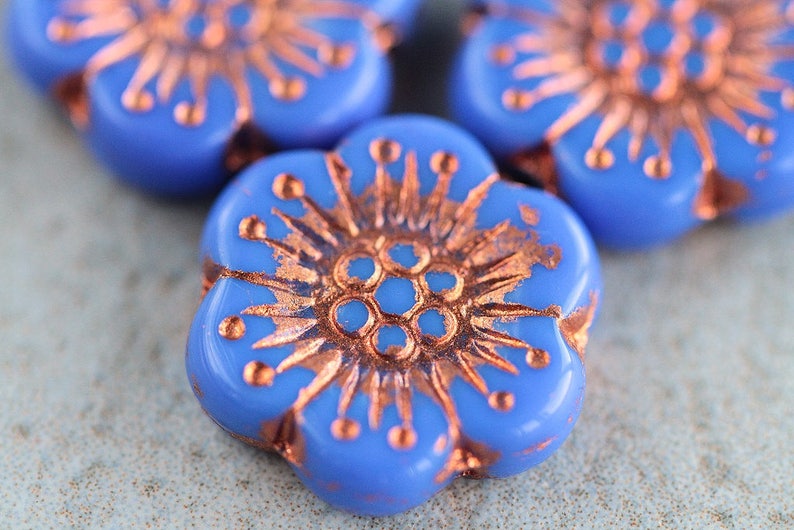 10 Cornflower Blue Copper Inlays ANEMONE FLOWER Beads 18mm Czech Glass Beads For Jewelry Making Large Flower Beads Perles Perline Perlen image 3