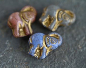 3 Gold Washed ELEPHANT Beads 20x21mm  Czech Glass Beads For Jewelry Making  Rose Pink Periwinkle Grey