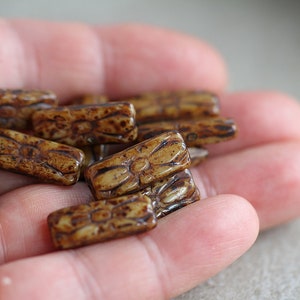 15 Earthy Brown Picasso Beige FLOWER EMBOSSED Beads 20x8mm Czech Glass Beads Jewelry Making Rustic Rectangular Large Beads Perles Perlen image 6