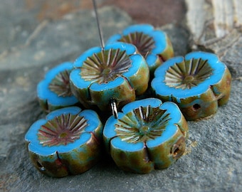 10 Rustic Picasso Azure Blue PANSY FLOWER Beads 14mm, Czech Glass Beads for Jewelry Making, Table Cut Beads, Perles Perlen