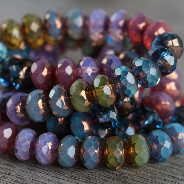 60 pièces de perles en verre pastel opale lustrées RONDELLE, mélange de perles de verre tchèque 6x8 mm pour la fabrication de bijoux, perles de coupe centrale polies au feu, 6 couleurs