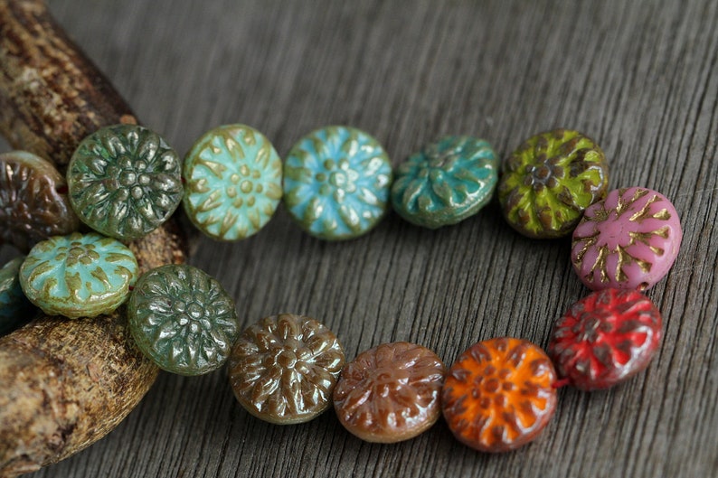 20 Multicoloured Glass DAHLIA FLOWER Bead MIX 14mm Czech Glass Beads Jewelry Making Flower Coin Beads Perles Perlen image 2