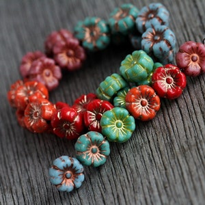 60 Bright Multicoloured Hibiscus Flower Bead MIX2 9mm Czech Glass Beads for Jewellery Making New Copper Washed Glass Flower Mix2 image 5