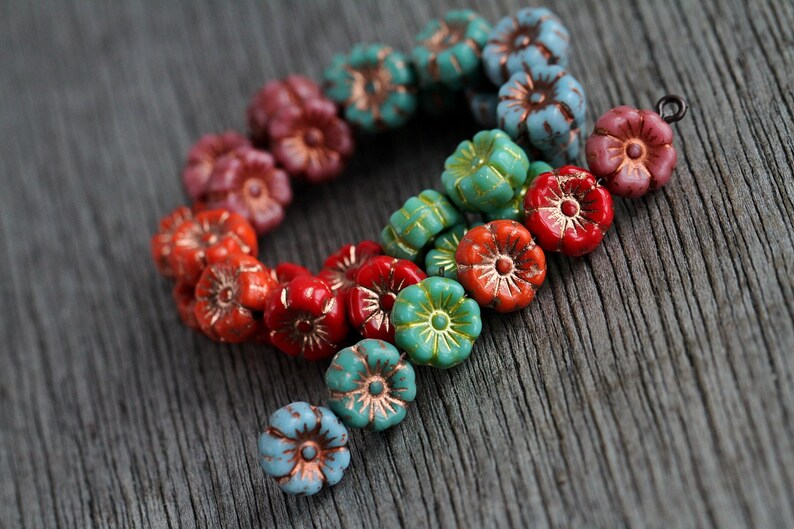 60 Bright Multicoloured Hibiscus Flower Bead MIX2 9mm Czech Glass Beads for Jewellery Making New Copper Washed Glass Flower Mix2 image 5