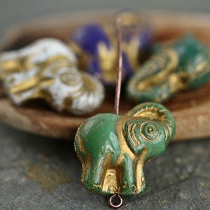 4 Gold Washed ELEPHANT Beads 20x21mm Czech Glass Beads For Jewelry Making Fern Green Royal Blue White Green image 2