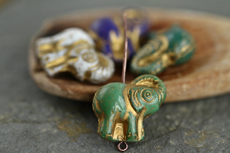 4 Gold Washed ELEPHANT Beads 20x21mm Czech Glass Beads For Jewelry Making Fern Green Royal Blue White Green image 2