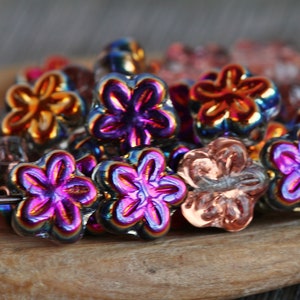 40 Metallic Iridescent Magenta Lustred Clear Glass 5-petal STAR FLOWER Beads 8mm Czech Glass Beads For Jewelry Making Glass Flower Beads