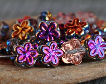 40 Metallic Iridescent Magenta Lustred Clear Glass 5-petal STAR FLOWER Beads 8mm Czech Glass Beads For Jewelry Making Glass Flower Beads