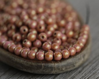 300pcs  Bronzed Beige/Pink Lustred Opaque White Glass ROUND DRUK Beads 3mm  Czech Glass Beads for Jewelry Making  Glass Round Spacer Beads