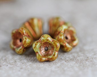 50 Rustic Picasso Copper Inlaid Olive BELL FLOWER Beads 6x8mm Czech Glass Beads For Jewelry Making Glass Flower Beads Perles Perlen Perline