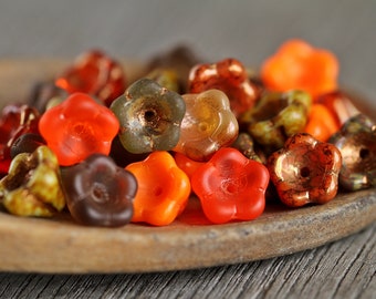 90 Vivid Autumn Orange & Brown Glass BELL FLOWER Bead MIX 6x8mm  Czech Glass Beads For Jewelry Making  Perles  Perlen Perline