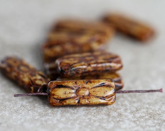 15 Earthy Brown Picasso Beige FLOWER EMBOSSED Beads 20x8mm Czech Glass Beads Jewelry Making Rustic Rectangular Large Beads Perles Perlen