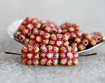 25 Red Washed  Picasso Baroque Bead 10mm  Czech Glass Beads For Jewelry Making  Flower Embossed Bead  Perles  Perlen
