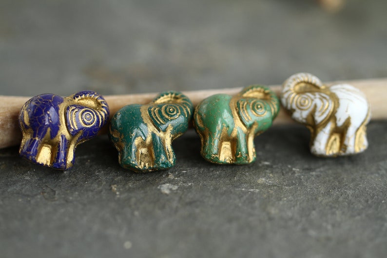 4 Gold Washed ELEPHANT Beads 20x21mm Czech Glass Beads For Jewelry Making Fern Green Royal Blue White Green image 3