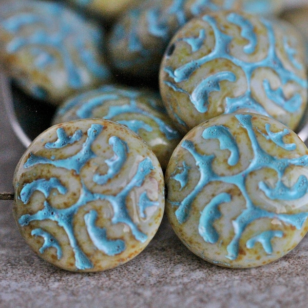 12 Aged Picasso Blue Inlays White BAROQUE Beads 14mm Czech Glass Beads For Jewelry Making Scroll Embossed Large Beads  Perles Perlen Perline