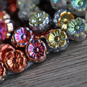 60 Multicoloured Hibiscus Flower Bead MIX 9mm Czech Glass Beads for Jewellery Making Metallic Lustred Glass Flower Mix