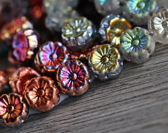 60 Multicoloured Hibiscus Flower Bead MIX 9mm Czech Glass Beads for Jewellery Making Metallic Lustred Glass Flower Mix