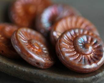 6 Distressed Silverish Lustre Orange Glass Glass FOSSIL Beads 18mm  Czech Glass Beads for Jewelry Making  Aged Nautilus Ammonite Beads