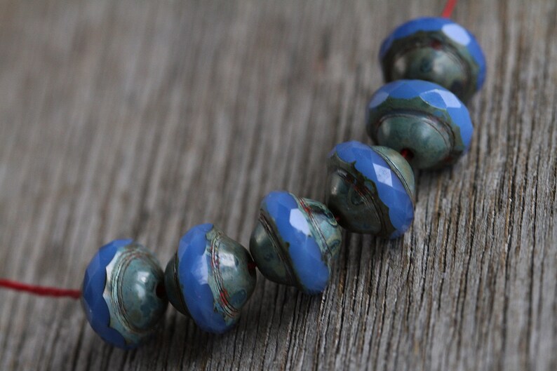 30 Rustic Picasso Opal Periwinkle Blue Glass CENTRAL CUT Beads 8x10mm Czech Glass Beads for Jewelry Making Fire Polished Saturn Beads image 5