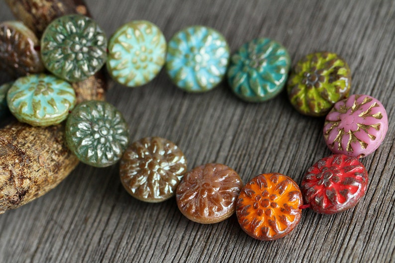 20 Multicoloured Glass DAHLIA FLOWER Bead MIX 14mm Czech Glass Beads Jewelry Making Flower Coin Beads Perles Perlen image 7