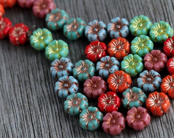 60 Bright Multicoloured Hibiscus Flower Bead MIX2 9mm Czech Glass Beads for Jewellery Making  New Copper Washed Glass Flower Mix2